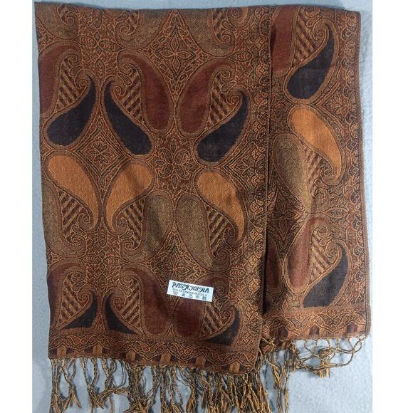 Vintage Pashmina Silk Paisley Shawl Scarf Wrap Brown Rust Boho Fringe - Picture 1 of 4